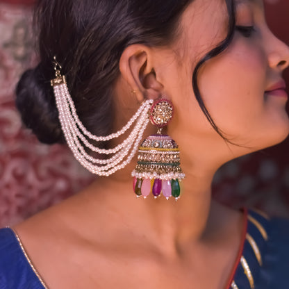 Rubina Jadau Reverse AD Jhumka Earrings with Earchain - Multi