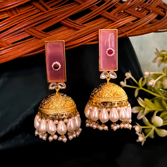 Veena Brass Monalisa Stone Jhumka Earrings - Pink