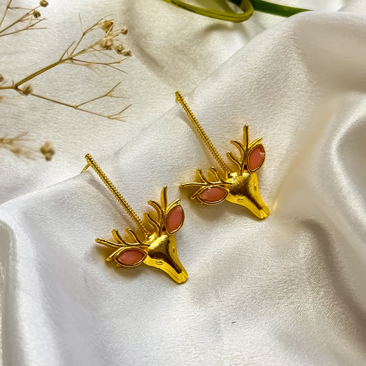 Unique Raindeer Handcrafted Brass Earrings- Pastel Pink