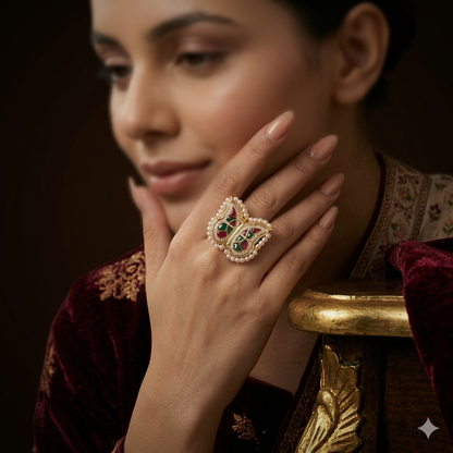 Titli Premium Brass Jadau & AD Work Adjustable Ring - Pink & Green