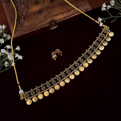 Gold & Green Eshvi Coin Temple Choker Necklace Set