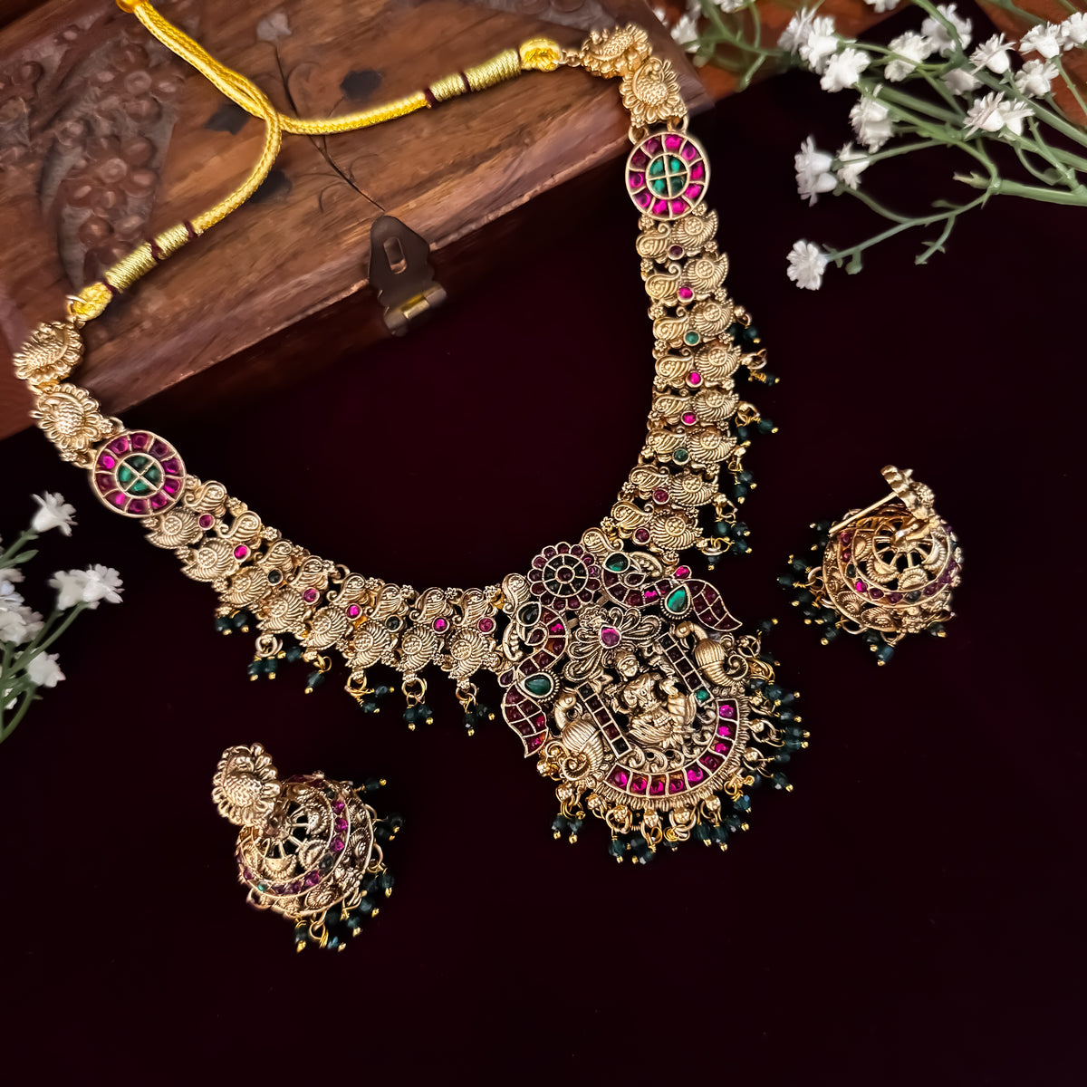Pink & Green Rishvi Lakshmi Temple Necklace Set