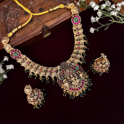 Pink & Green Rishvi Lakshmi Temple Necklace Set