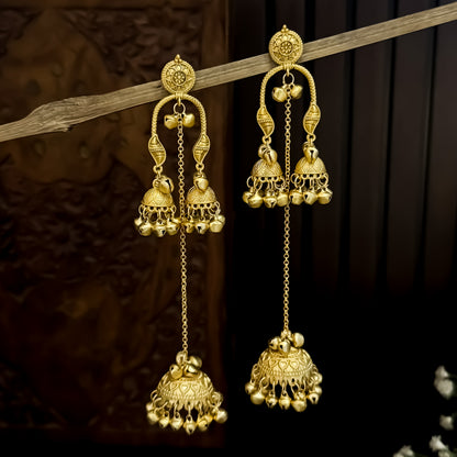 Drivya Kashmiri Matte Polish Ghungroo Jhumka Earrings - Golden