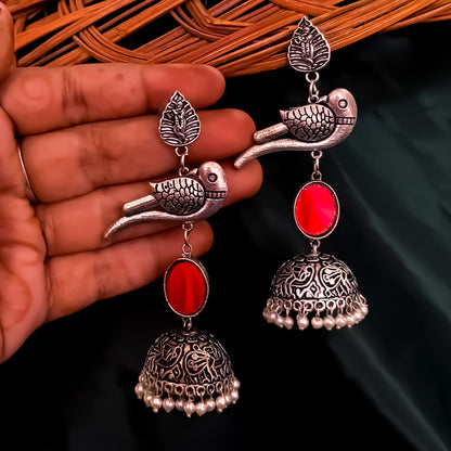 Parrot Afghani Mirror Silver Jhumka Earrings
