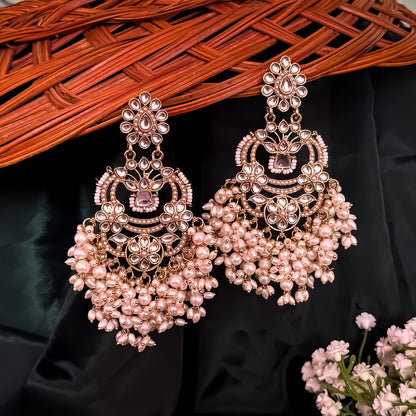 Sanjoya Jadau Pearl Chandbali Earrings - Golden
