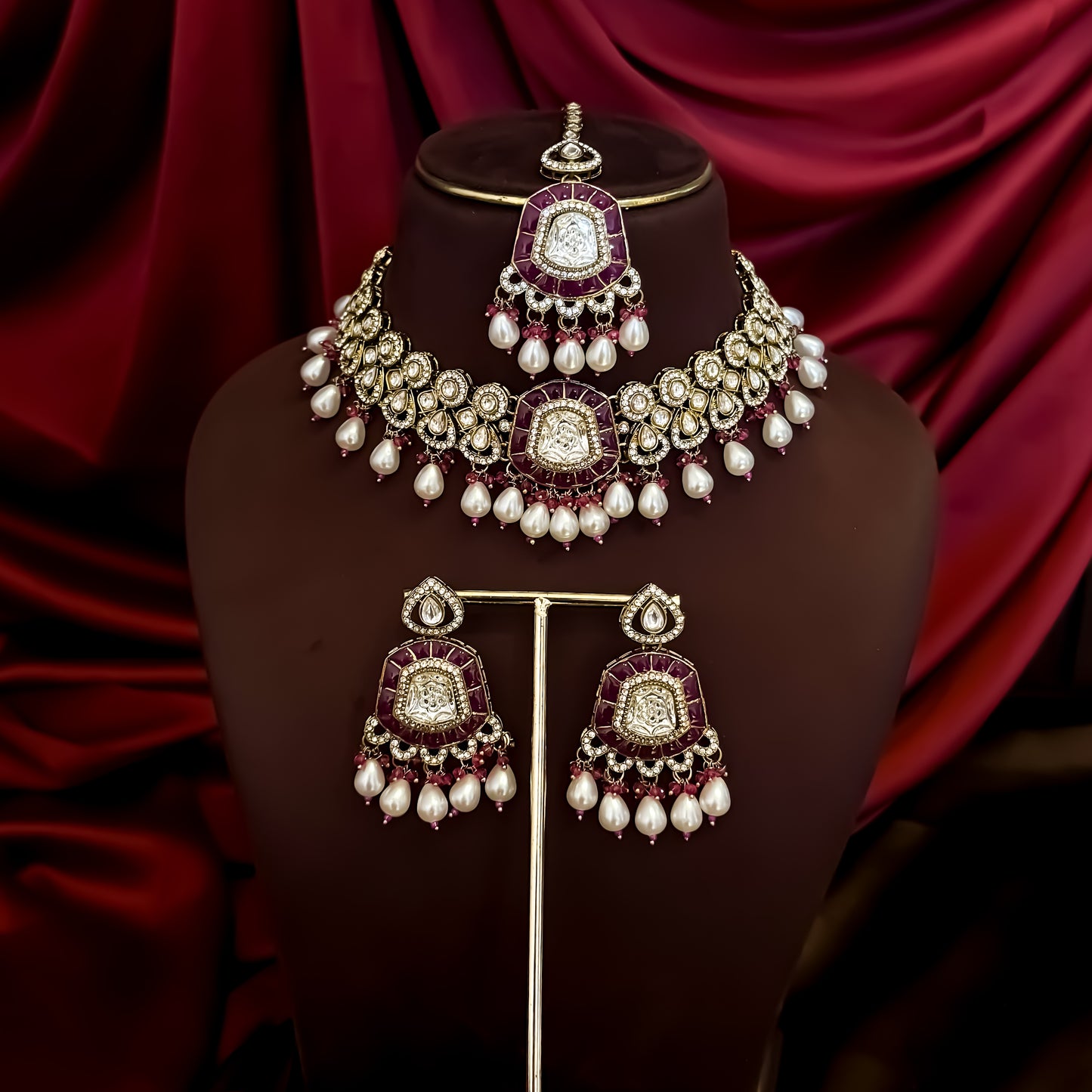 Tanishka Polki Premium Necklace Set - Magenta Pink