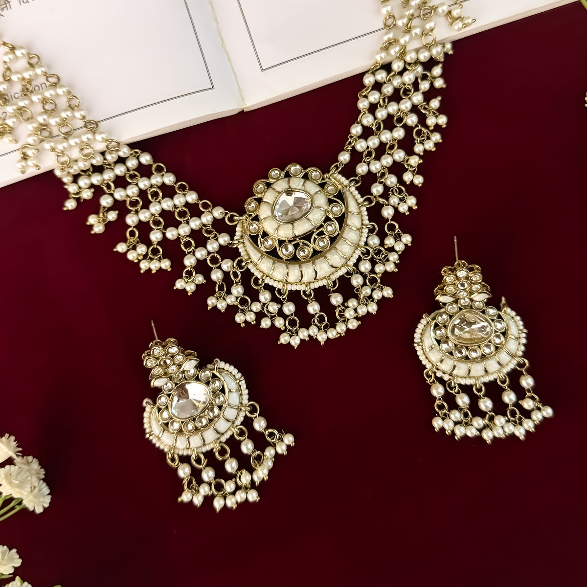 Golden Sanidhya Intricate Pearl Work Necklace set