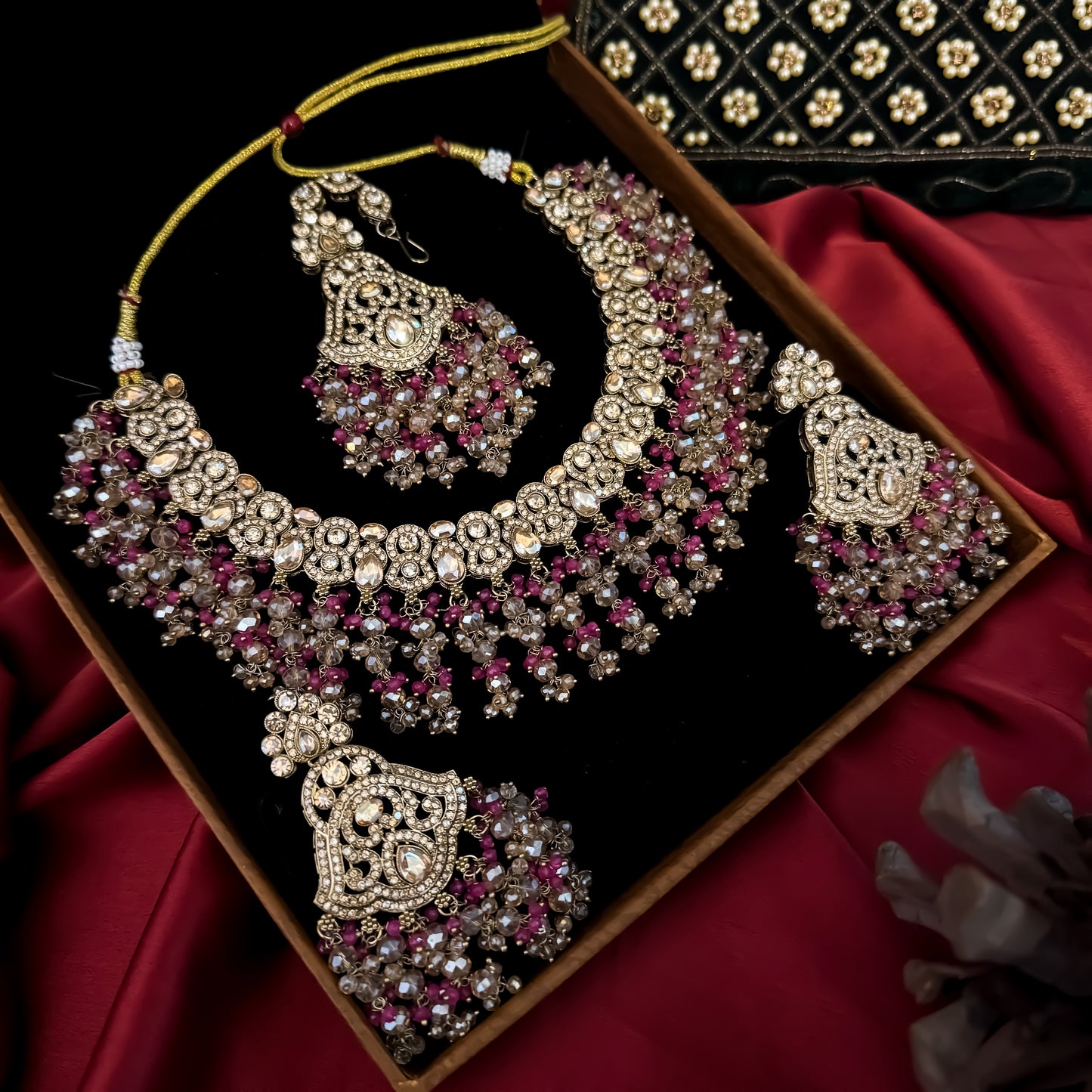 Madiha Premium Reverse AD Necklace Set - Pink