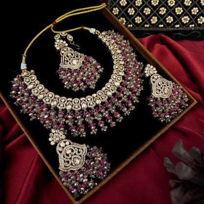 Madiha Premium Reverse AD Necklace Set - Pink