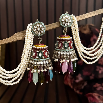 Meher Jadau Reverse AD Jhumka Earrings with Earchain - Multi