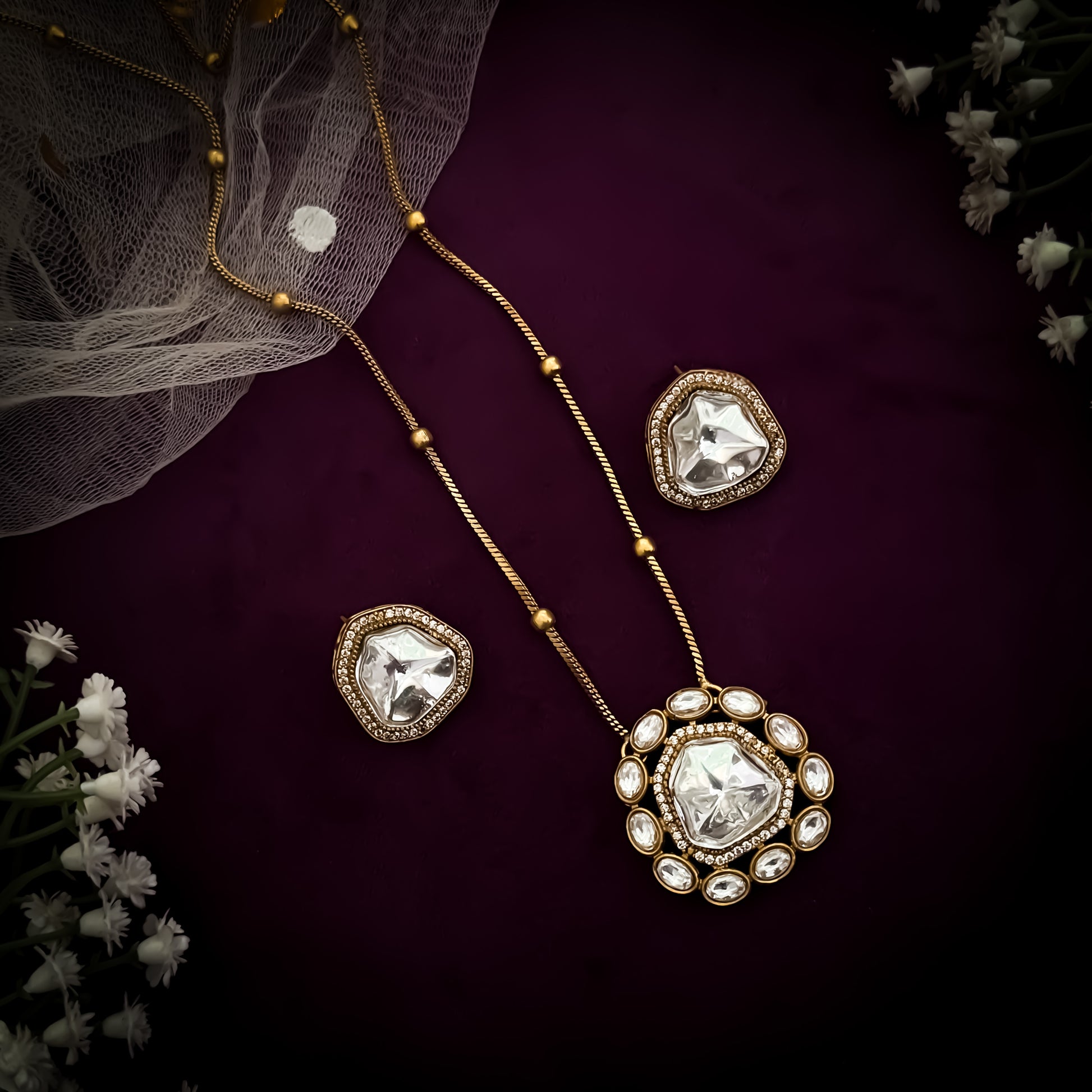 Kimaya Polki AD Long Necklace Set with Earringa