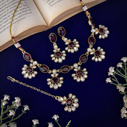 Maroon Raisha Floral Kundan Necklace Set