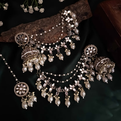 Kashish Jadau Mirror Jhumka Earrings with Sahara/Earchains - Golden