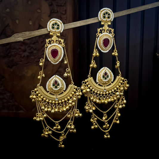Tarika Kashmiri Brass Ghungroo Chandbali Earrings - Pink & Green