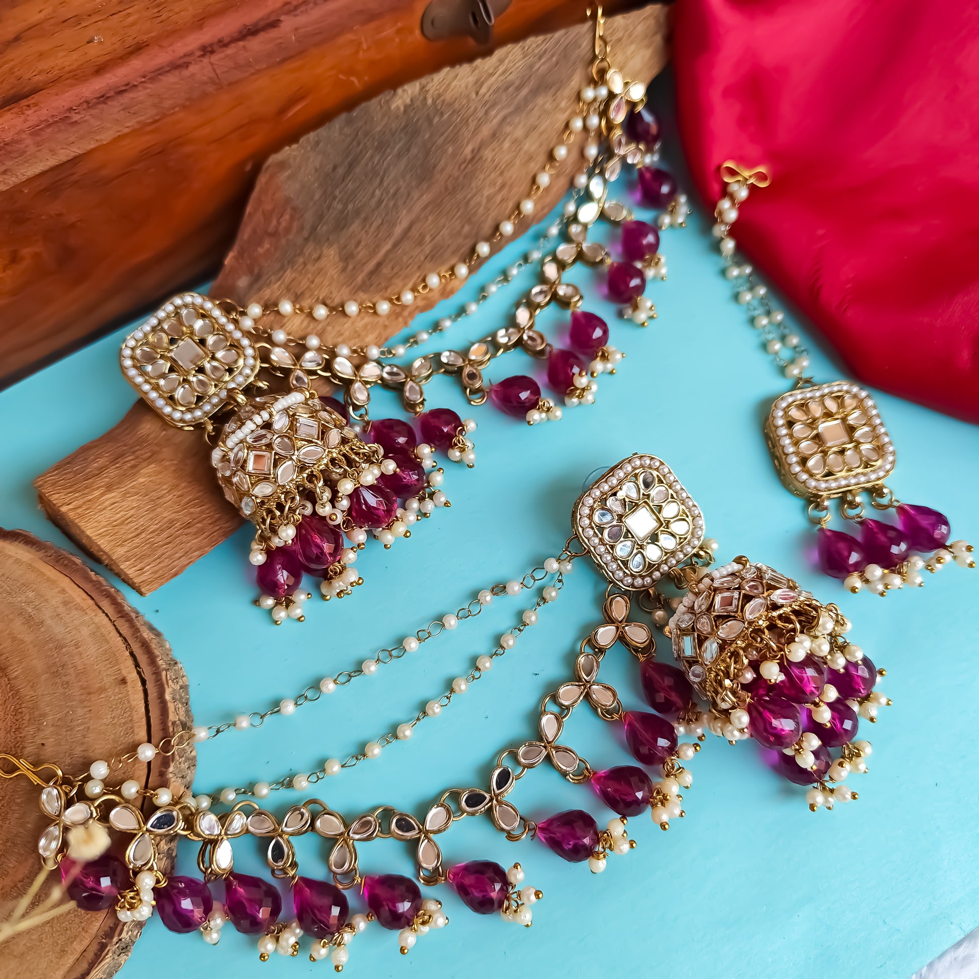 Mohika Mirror Jhumka Earrings with Sahara & Tika Set - Purple