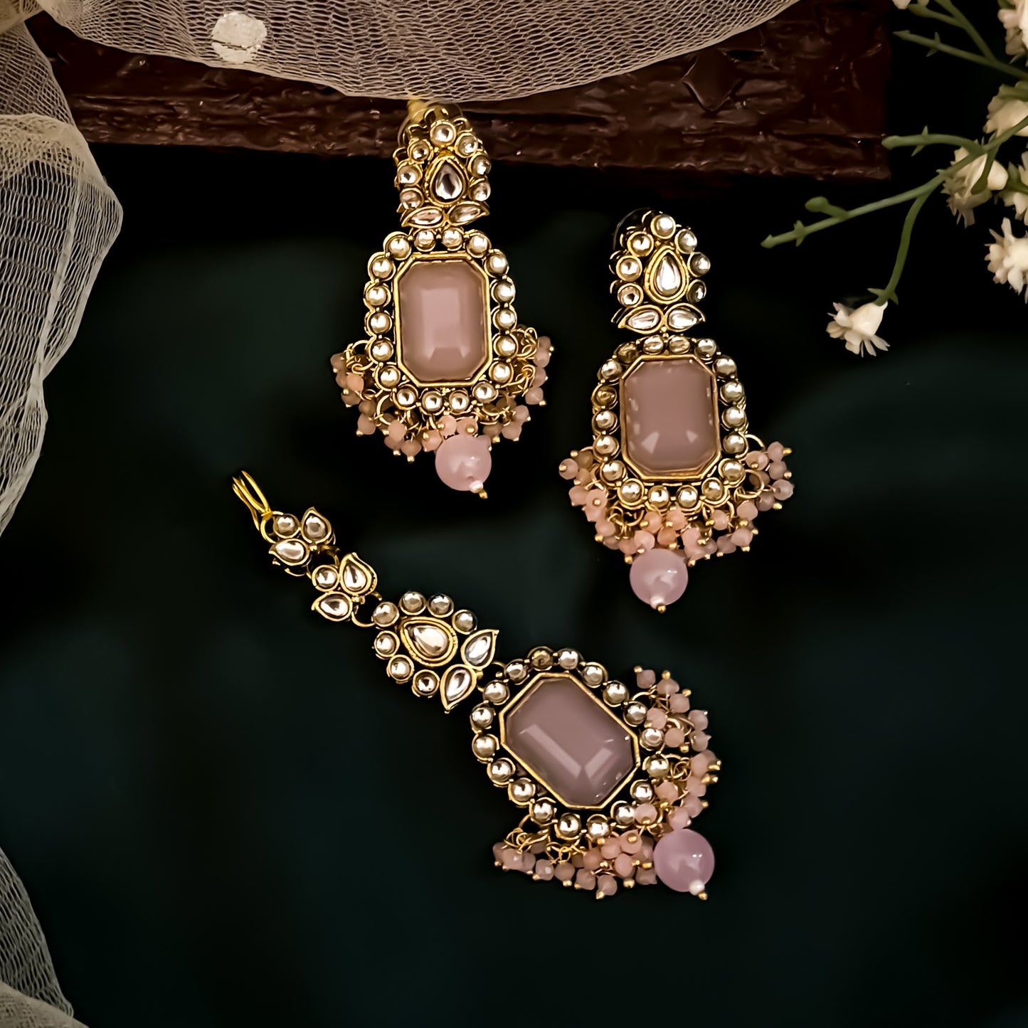 Shriya Kundan Choker Necklace Set - Pastel Pink