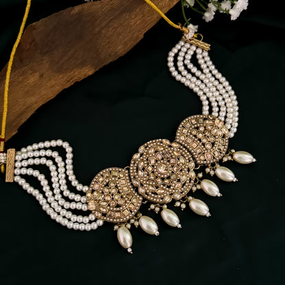 Tansia Jadau Royal Jadau Reverse AD Necklace Set - Golden