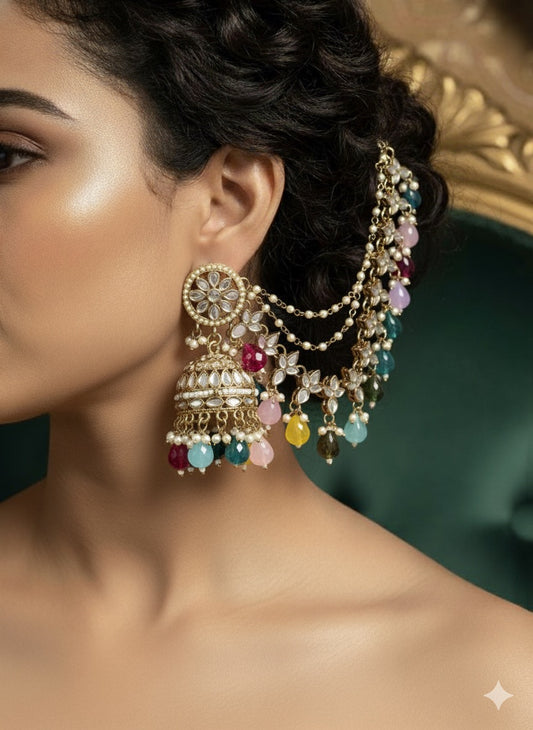 Kashish Jadau Mirror Jhumka Earrings with Sahara/Earchains - Multi