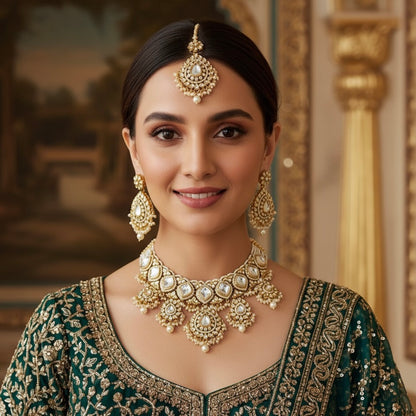 Kavitri Premium Kundan Necklace Set with Teeka & Earrings - Golden