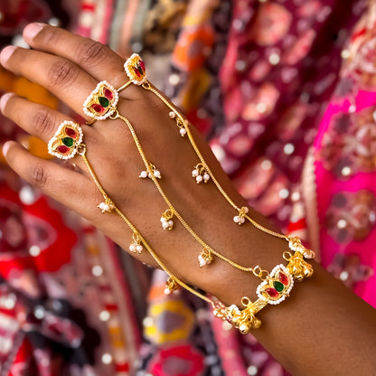 Kamaltika Adjustable Kashmiri Brass Haathphool (Pair) - Pink & Green