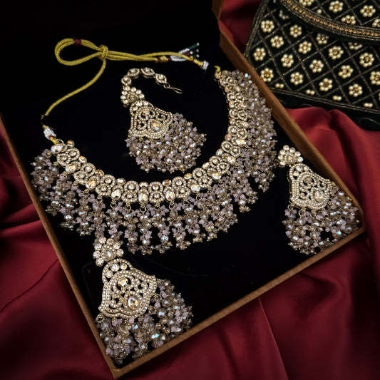 Madiha Premium Reverse AD Necklace Set - Pastel Pink
