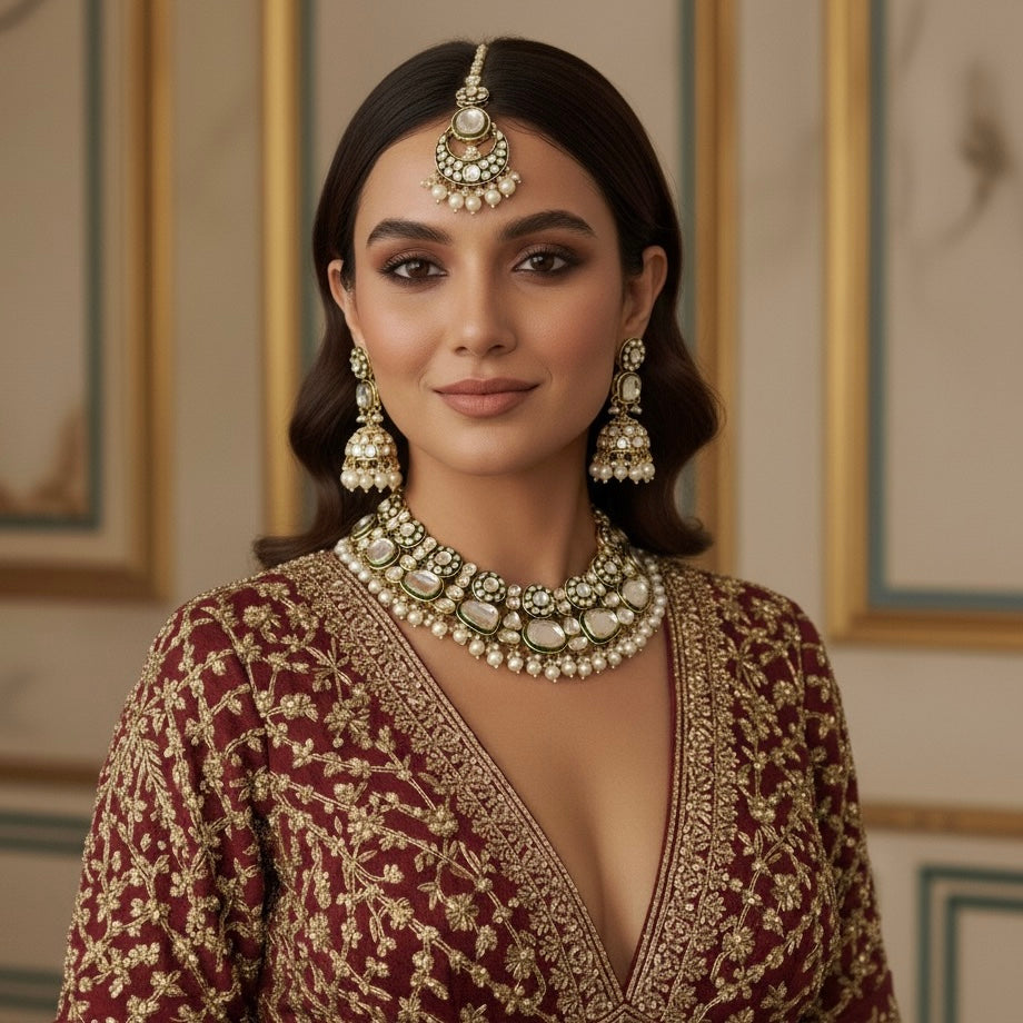 Divisha Premium Kundan Necklace Set - Golden & Green