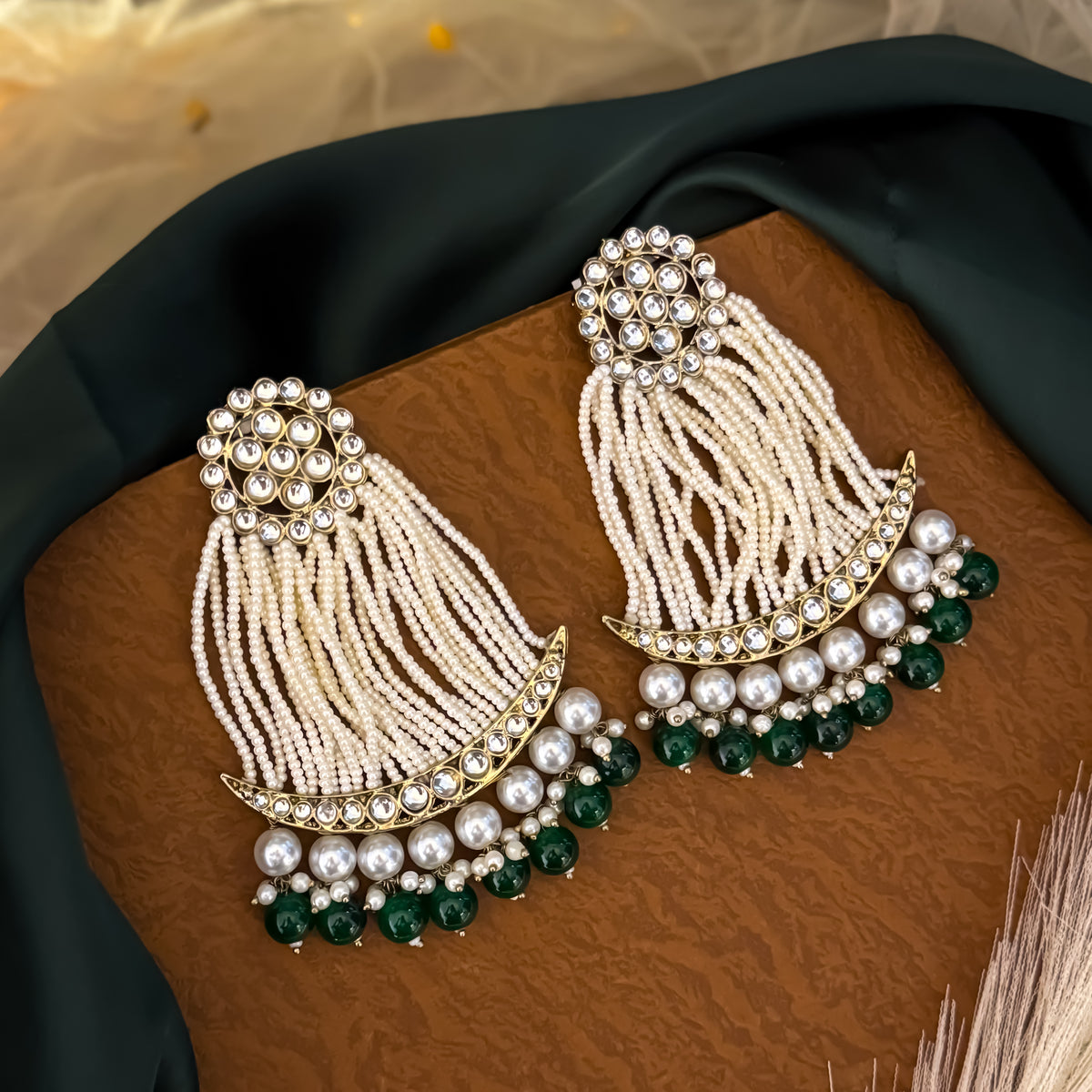 Green Nikhat Kundan Pearl Chandbali Earrings