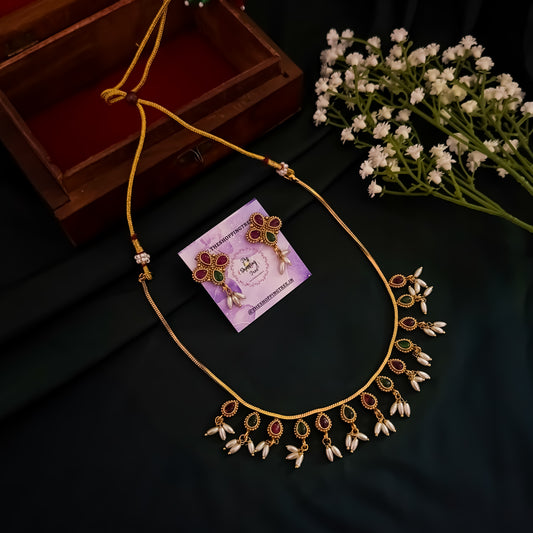 Prisha Pearl Necklace Set - Pink & Green