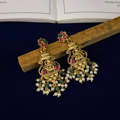 Krishi Lakshmi Temple Pendant Necklace Set - Green & Pink
