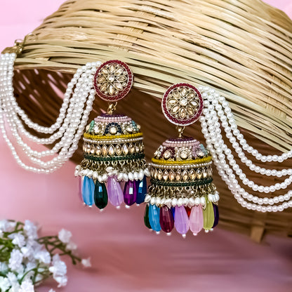 Rubina Jadau Reverse AD Jhumka Earrings with Earchain - Multi