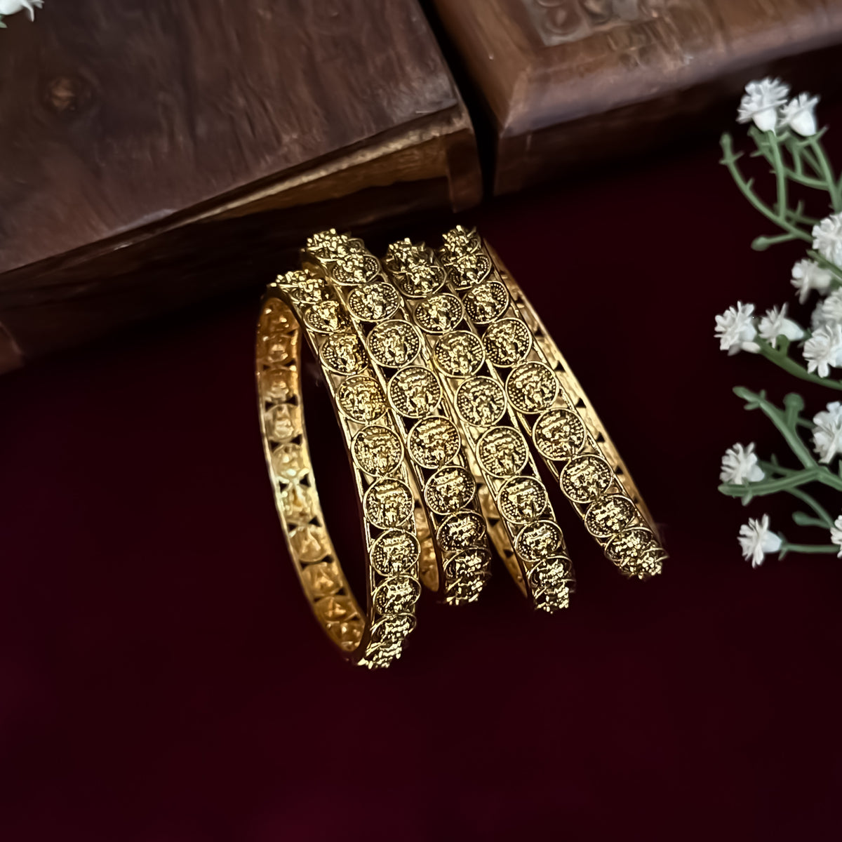 Aadhira Lakshmi Coin Temple Gold Bangles - Golden (Set of 4)