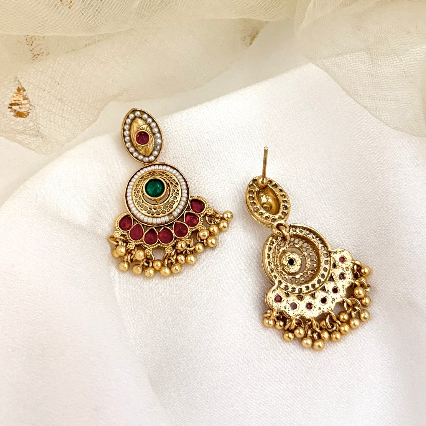Sharda Fusion Rajwadi Kashmiri Brass Ghungroo Chandbali Earrings - Pink & Green