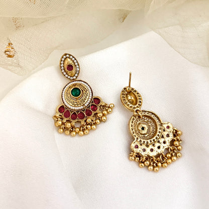 Sharda Fusion Rajwadi Kashmiri Brass Ghungroo Chandbali Earrings - Pink & Green