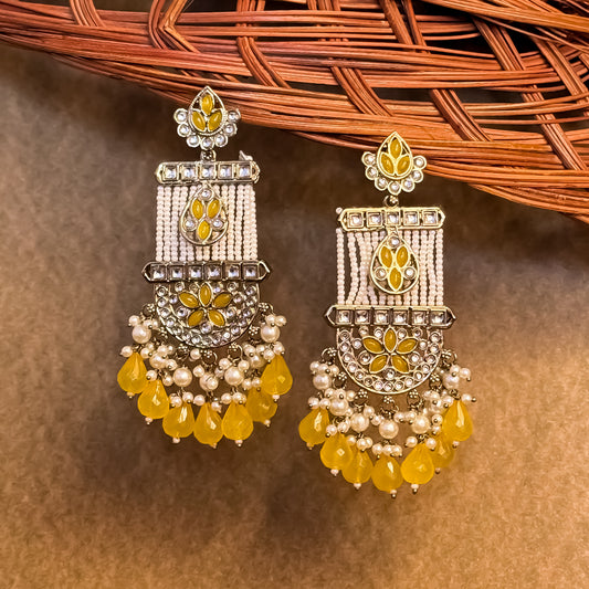 Kamya Pearl Chandbali Earrings- Yellow