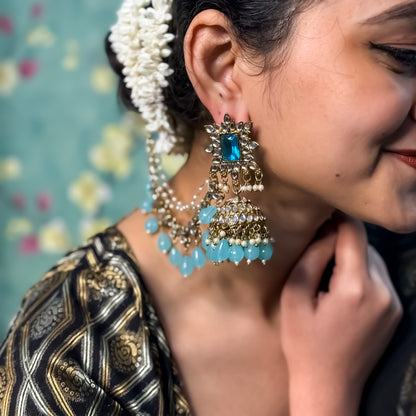 Manavi Mirror Jhumka with Teeka & Sahara-Sky Blue