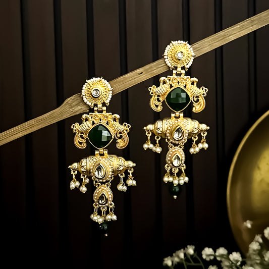 Shahana Kashmiri Matte Brass Ghungroo Earrings - Green
