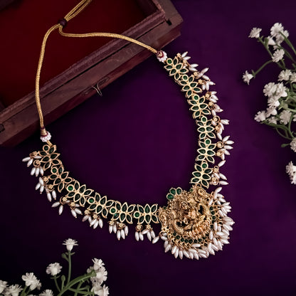 Lotus Lakshmi Rice Pearls Green Necklace Set with Earrings