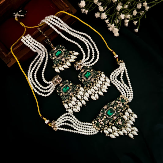 Jodha Jadau Reverse AD Necklace Set with Sahara Earrings & Teeka - Green