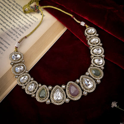 Pastel Pink & Green Mannat Zircone Polki Lookalike Premium Necklace Set