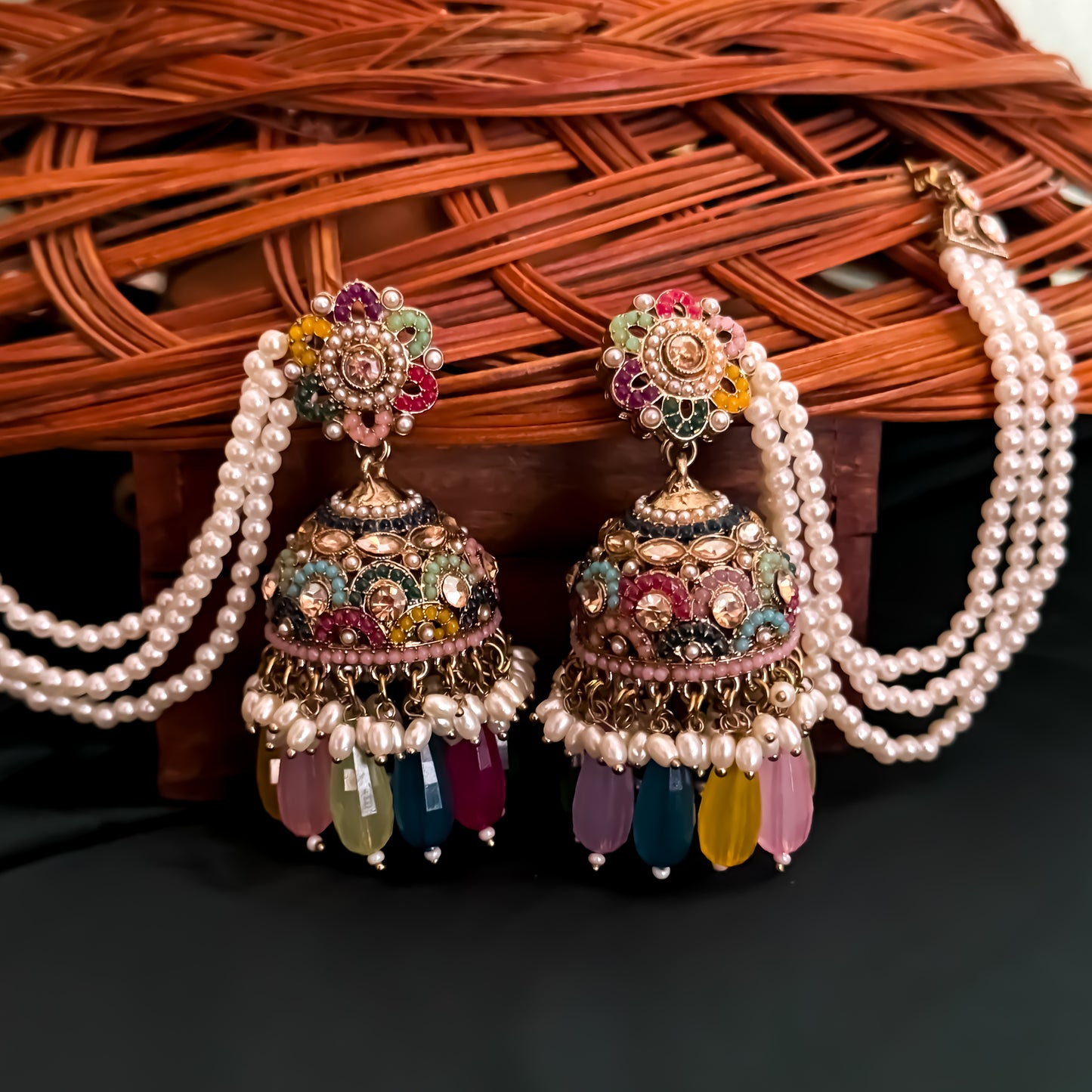 Mahtaab Jadau Reverse AD Jhumka Earrings with Earchain & Teeka - Multi