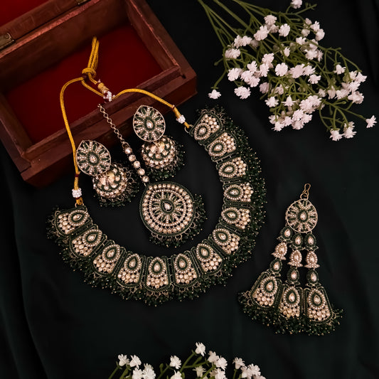 Sahana Jadau Preminum Reverse AD Gantnan Necklace Set with Teeka & Pasha - Green