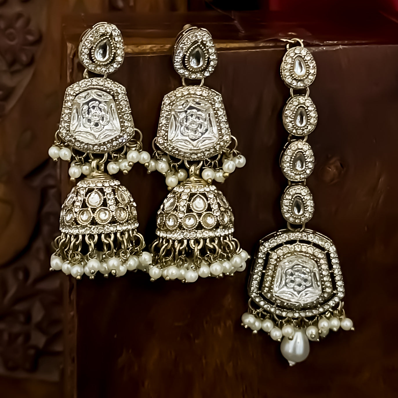 Ranjheya Premium Teeka & Jhumka Earrings Set - Ivory/Golden