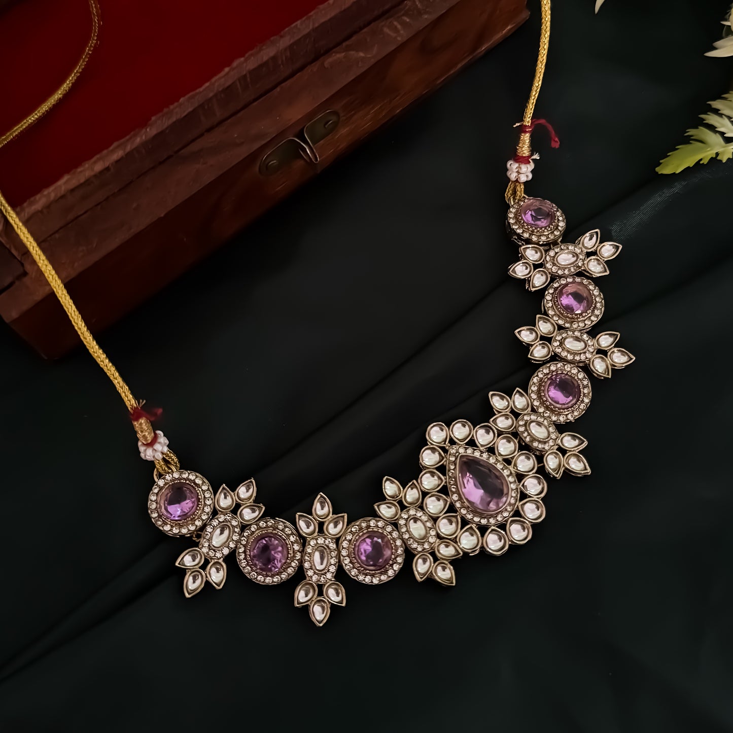 Israt Kundan Necklace Set - Lavender
