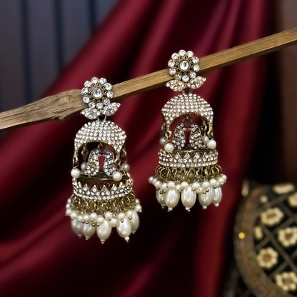 Love Bird Zircon Designer Premium Jhumka Earrings - Golden