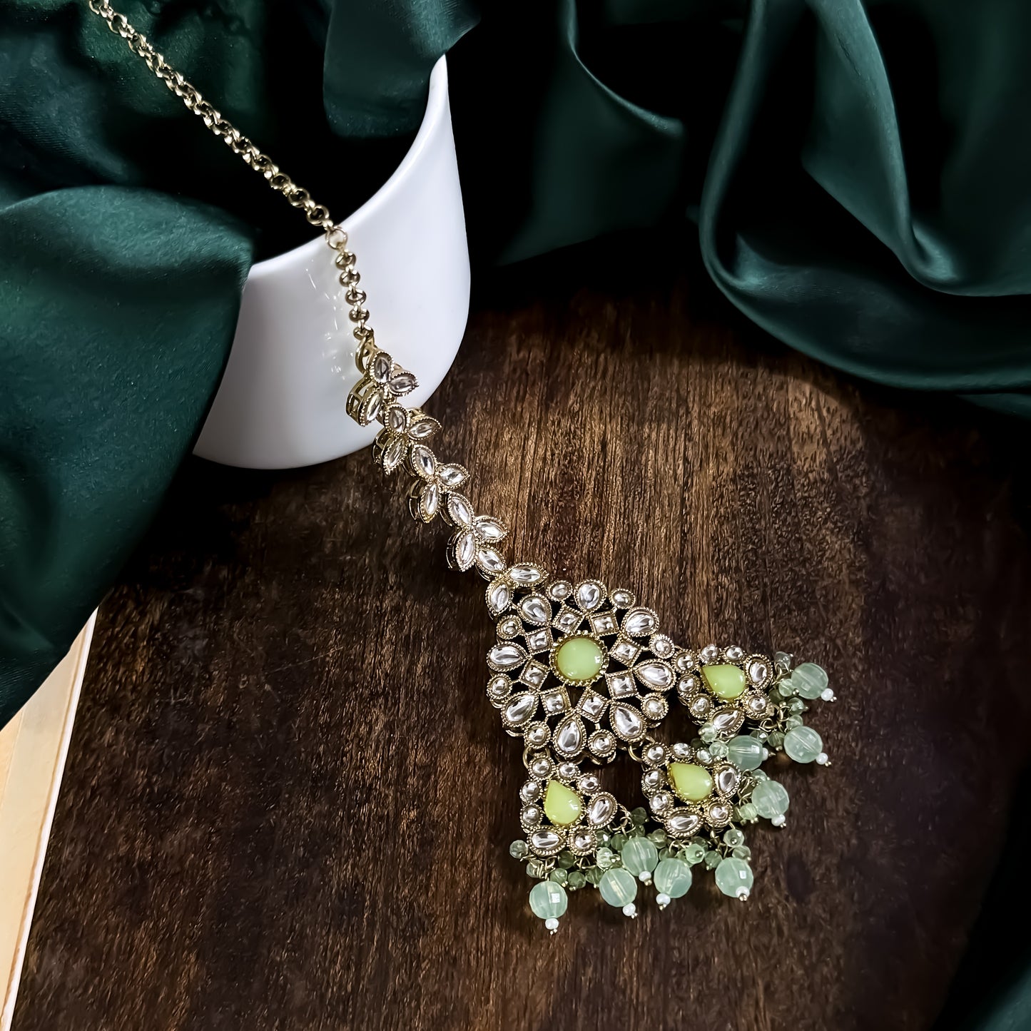 Shabana Premium Kundan Pearl Choker Necklace Set - Mint Green