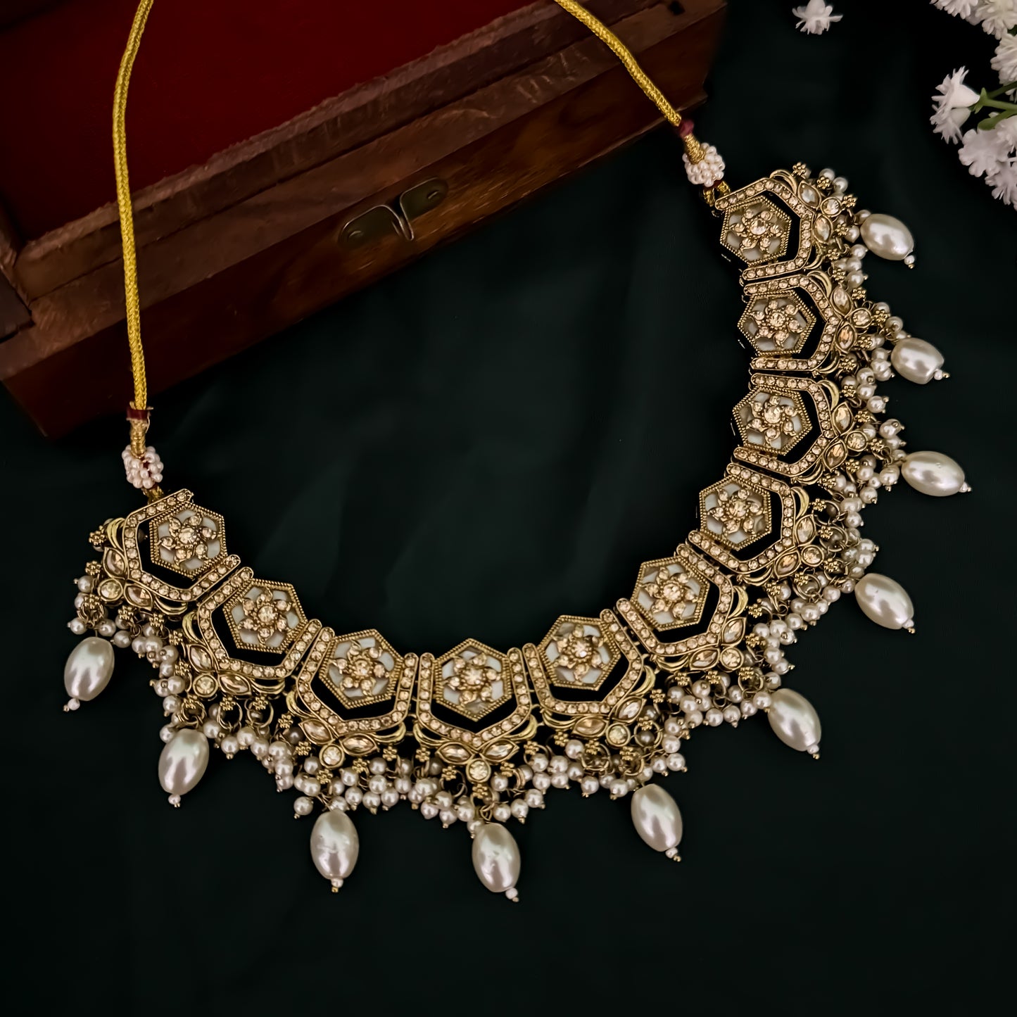 Mahal MOP Reverse AD Necklace Set - Golden
