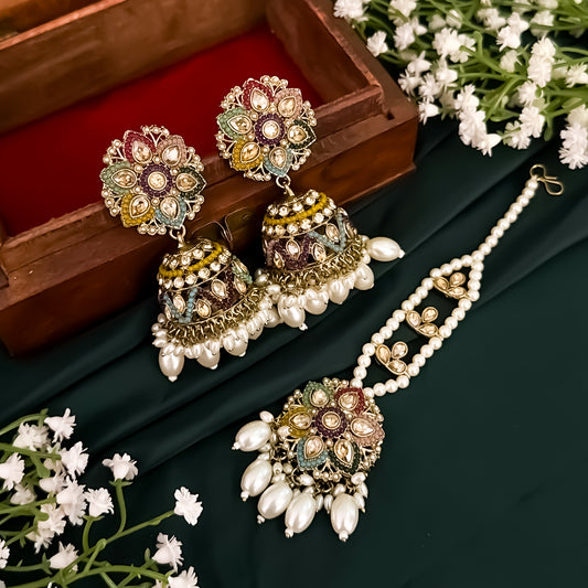 Varuna Jadau Reverse AD Jhumka & Teeka Set - Multi