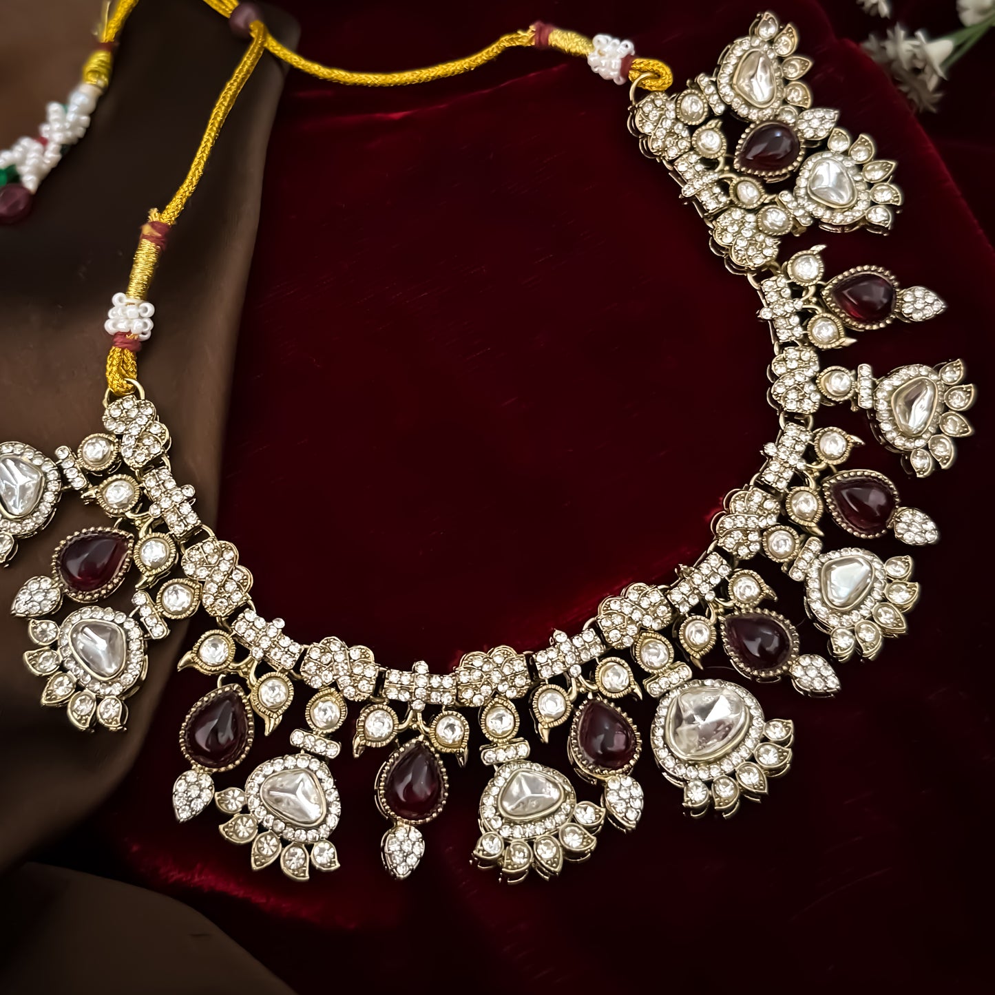 Jehana Premium Polki Lookalike Necklace Set - Maroon