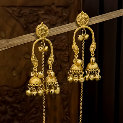 Drivya Kashmiri Matte Polish Ghungroo Jhumka Earrings - Golden